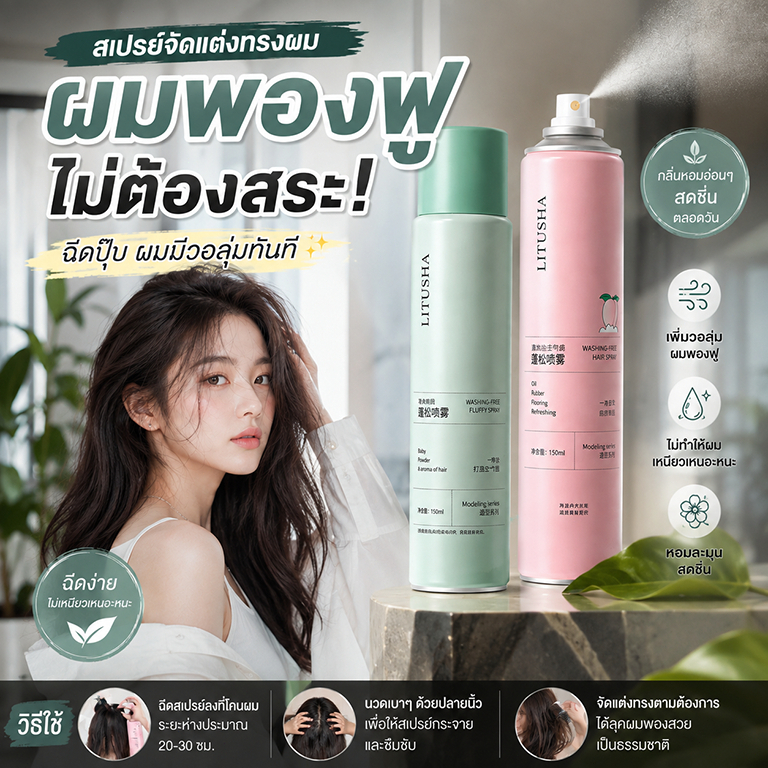 สเปรย์เพิ่มวอลลุ่มผม สเปรย์ยกโคนผม เพิ่มผมดูหนา ผมพองฟู จัดทรงง่าย ลดผมลีบแบน สเปรย์จัดแต่งทรงผม ใช้ได้ทุกวัน