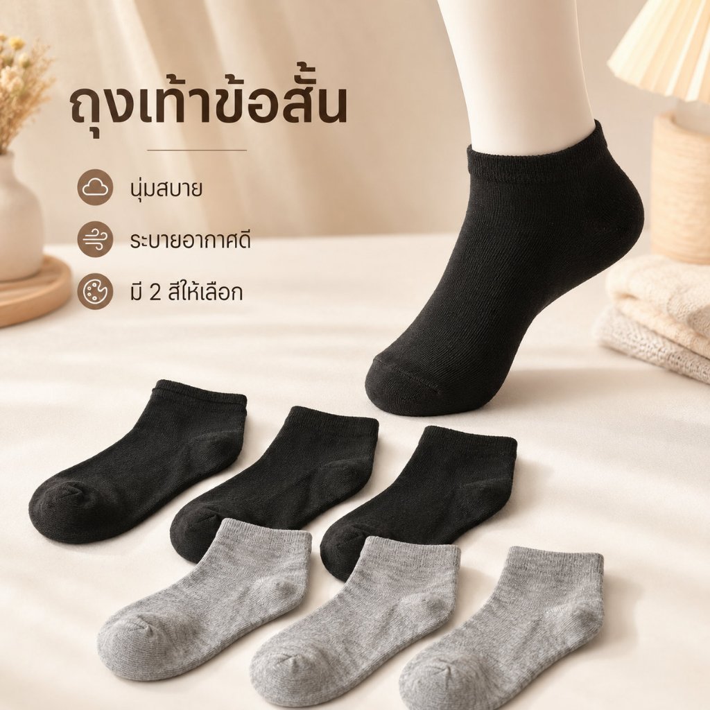 ถุงเท้าข้อสั้น เนื้อนุ่ม ระบายอากาศดี กระชับพอดี ใส่สบายทุกวัน สีดำ/สีเทา เหมาะกับรองเท้าผ้าใบ