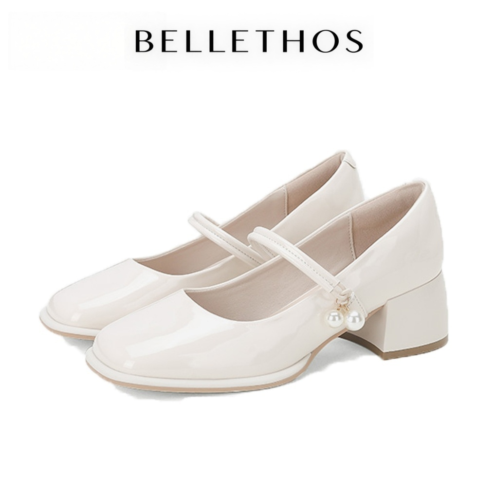 BELLETHOS  รองเท้าหนังแก้ว ทรงแมรี่เจน2025 สไตล์สแควร์ เสริมส้นแต่งรัด