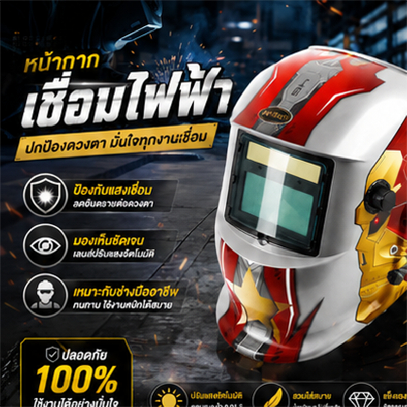 หน้ากากเชื่อมอัตโนมัติ คุณภาพสูง ปรับแสงเร็วอัตโนมัติ กันสะเก็ดไฟ ปรับความไวแสงได้ พับหน้าเลนส์ 180° ใช้งานสะดวก