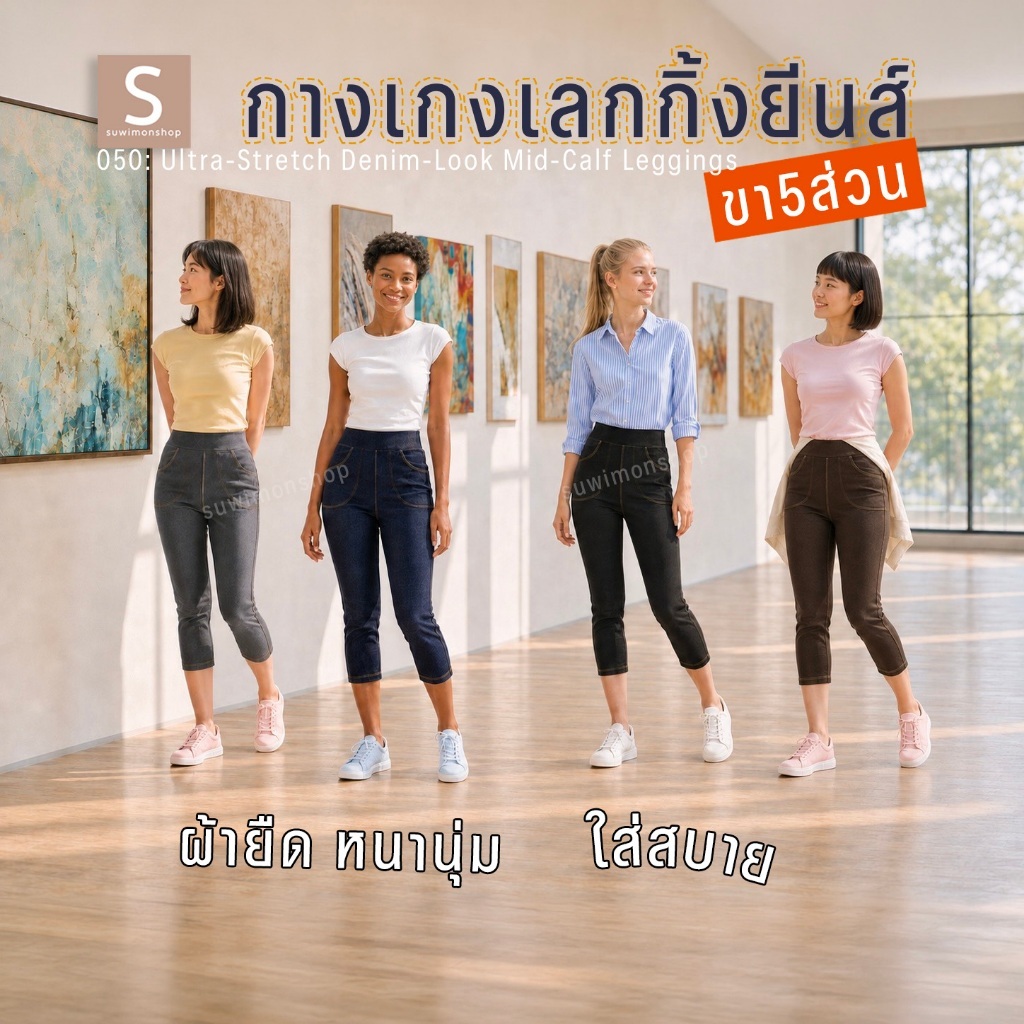 เลกกิ้งยีนส์ขา5ส่วน เอวยาง ขอบใหญ่