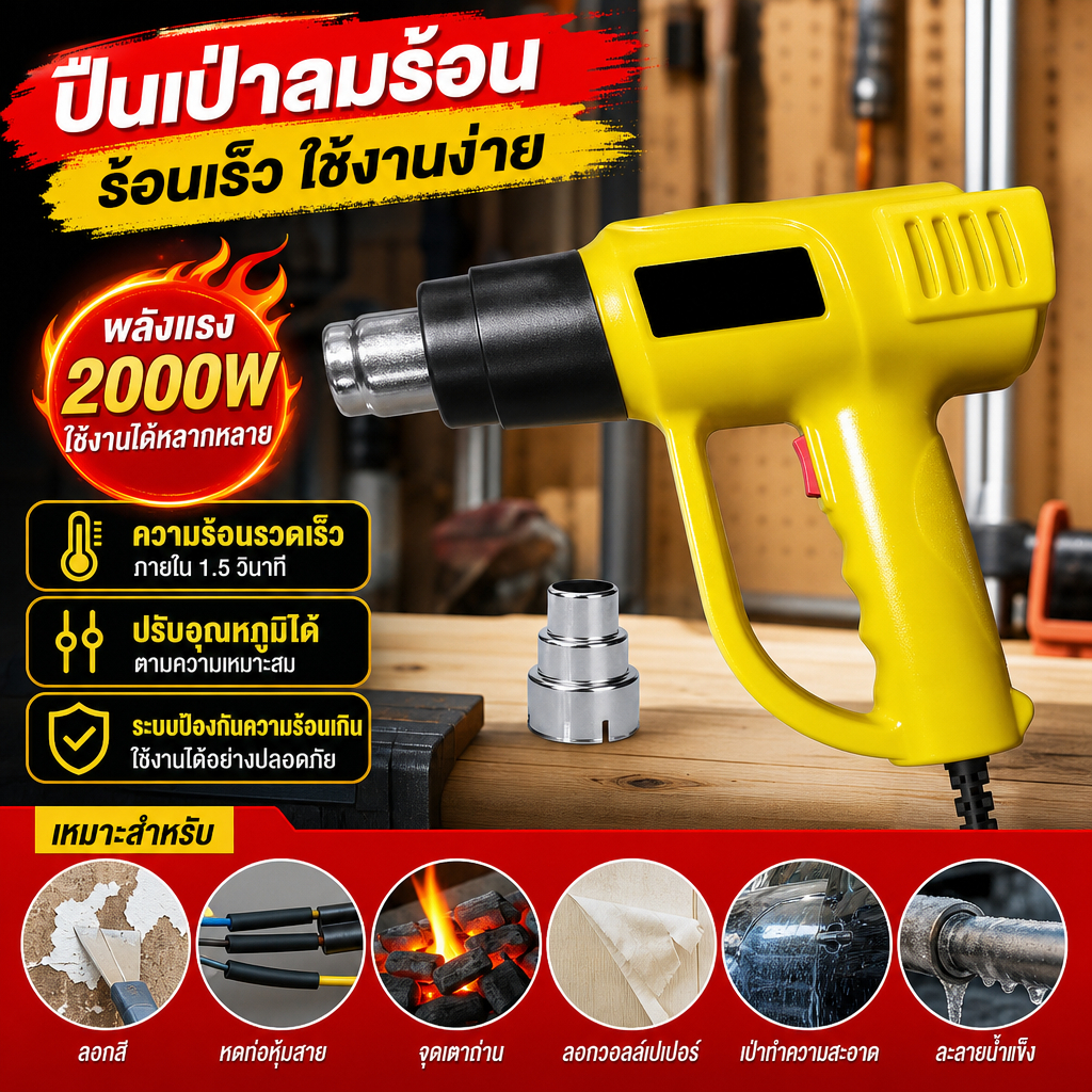 ปืนเป่าลมร้อน 2000W วัตต์ ปรับได้ 2 ระดับ แถมฟรี! หัวเป่าลมร้อน