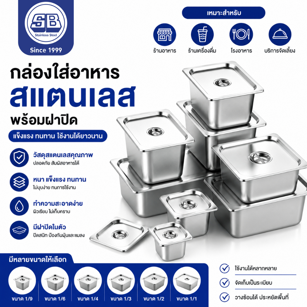 SB Stainless ถาดสแตนเลสใส่อาหาร ถาดวัตถุดิบ พร้อมฝาปิด ถาด GN บุฟเฟต์ ภาชนะใส่อาหาร Food Grade ออกใบกำกับภาษีได้