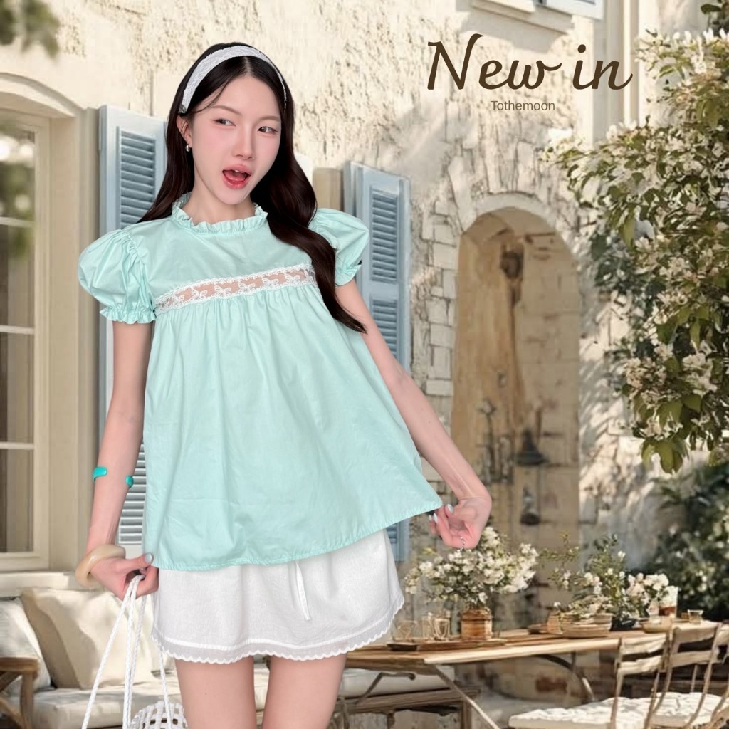 Freya top : เสื้อแขนตุ๊กตา คอระบาย ตัวยาว ลูกไม้คาดอกซีทรู เนื้อผ้าคอตตอน KN.Clothes