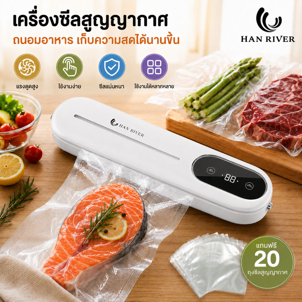 [แถมถุงสูญญากาศ 20 ใบ] เครื่องซีลสูญญากาศ เปียก/แห้ง ซีลอัตโนมัติ เก็บอาหารสดได้นาน เครื่องซีลอาหาร