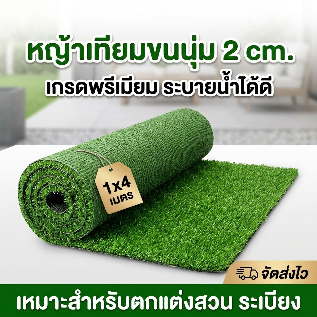 หญ้าเทียม 1x4 เมตร ขนนุ่ม 2 cm. หญ้าเทียมปูพื้น เกรดเอ ระบายน้ำได้ดี กันรวียู ตกแต่งสวน หน้าบ้าน พร้อมส่ง