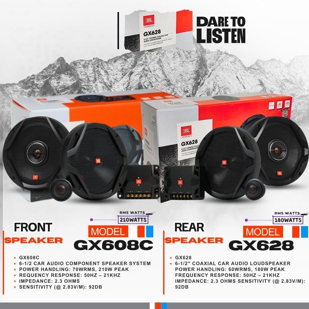 ของเเท้รุ่นท๊อป JBL GX-SERIES รุ่น GX608C เเละ GX628 ชุดลำโพงคู่หน้าหลังติดรถยนต์ 50-21000Hz  ประกัน