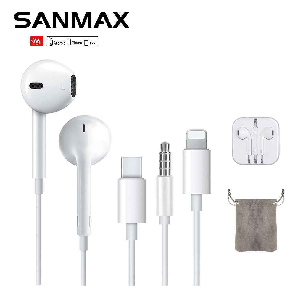 Sanmax หูฟังไม่ต้องใช้บลูทูธ เสียงดี มีไมโครโฟนในตัว อินเตอร์เฟซ 3.5mm Typec ฟซสายฟ้า สำหรับ os Android