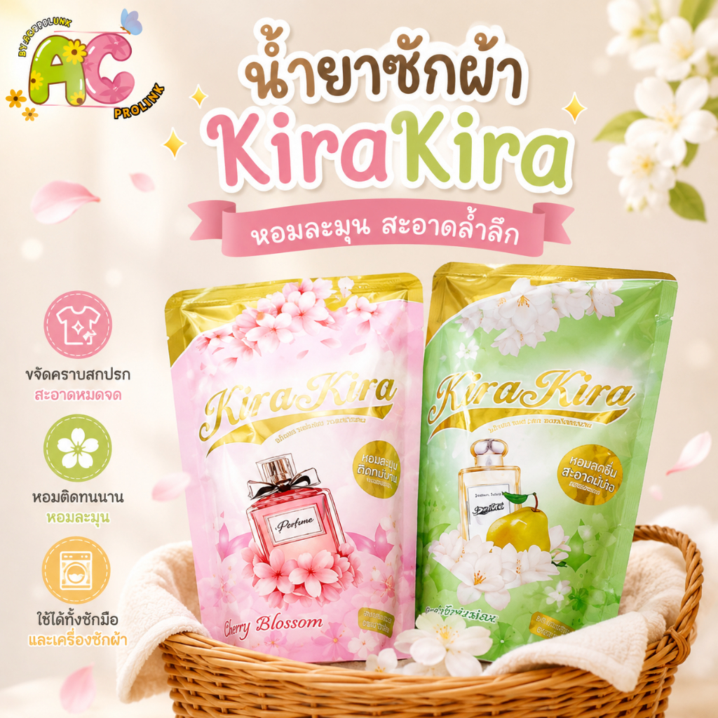 [1แถม1] น้ำยาซักผ้า KiraKira น้ำยาซักผ้าหอมละมุน ขจัดคราบสะอาด ใช้ซักมือและเครื่องซักผ้า กลิ่นหอมติดทน