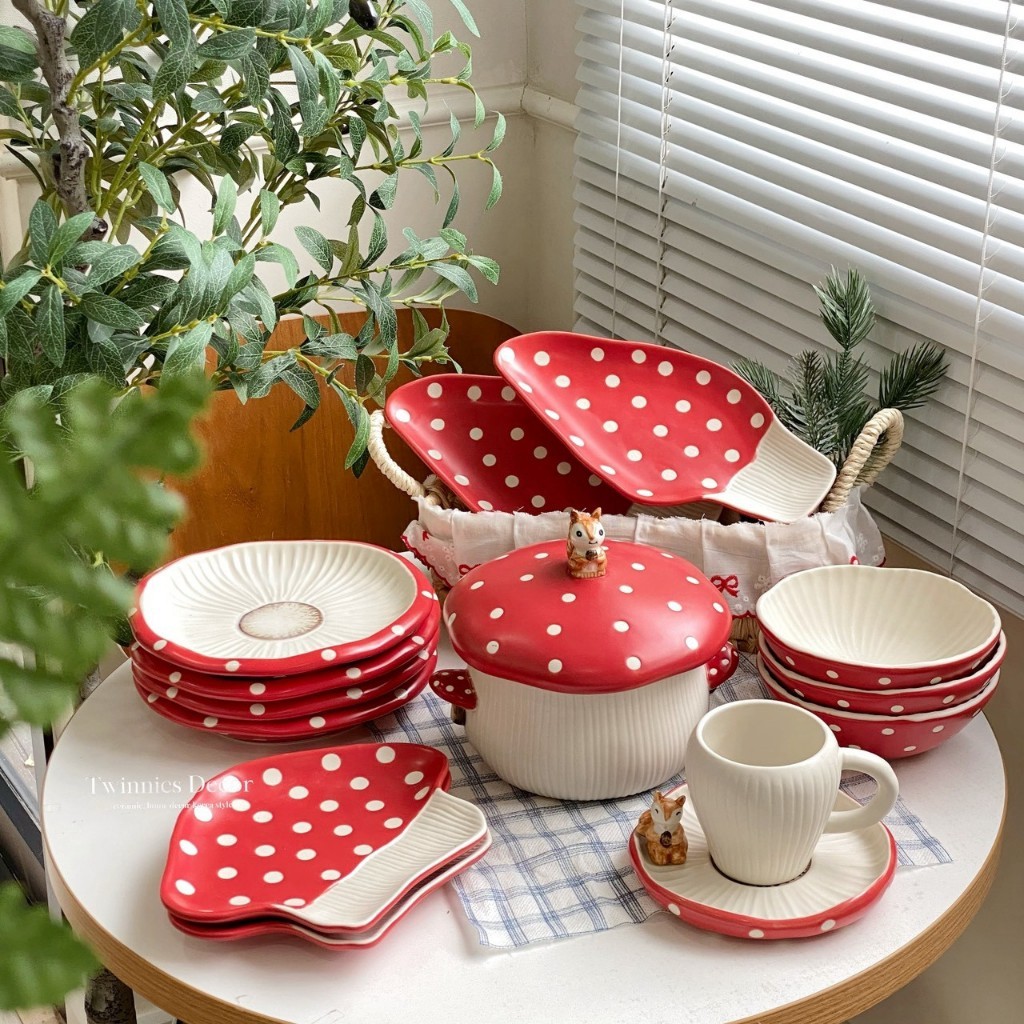 พร้อมส่ง Set เห็ดแดง สุดคิ้วท์ งานเซรามิก เปลี่ยนโต๊ะอาหารให้เป็นคาเฟ่เกาหลี