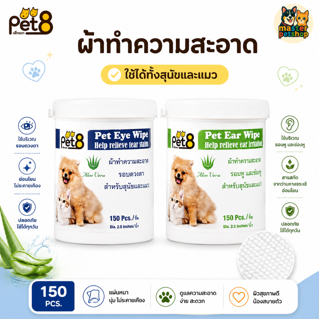 Pet8 แผ่นเช็ดทำความสะอาด เช็ดตา เช็ดหู สุนัขแมว สูตร Aloe Vera ลดคราบน้ำตา ลดกลิ่นหู 150แผ่น อ่อนโยนปลอดภัย
