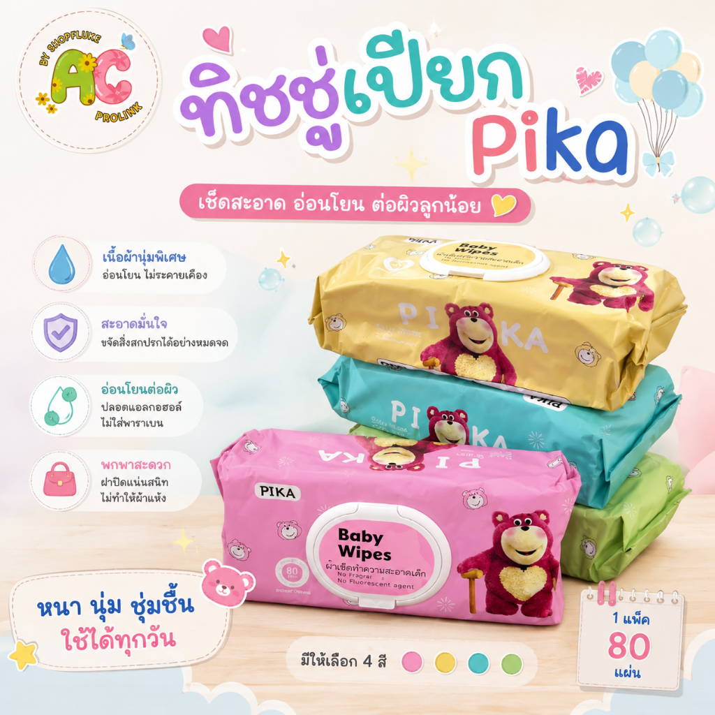 ส่งทันที!! ทิชชู่เปียก PIKA 80แผ่น/ห่อใหญ่ หมีลอตโซ่ ทิชชู่เปียก ไม่มีแอลกอฮอล์ แผ่นใหญ่
