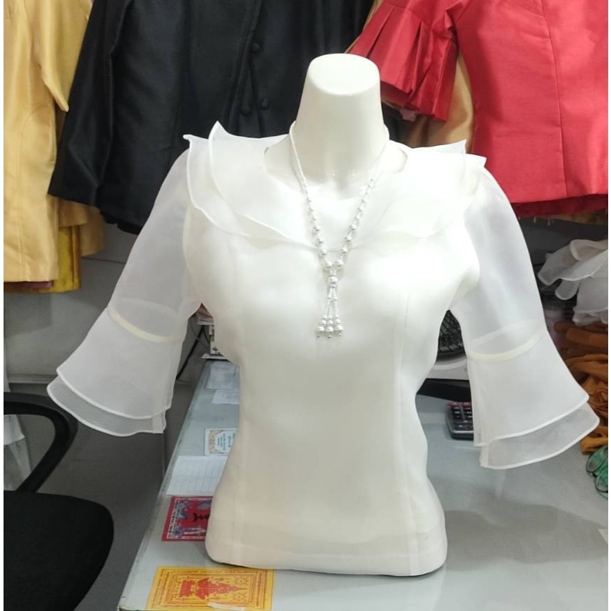 เสื้อผู้ใหญ่ เสื้อออกงานบุญ ชุดไทยประยุกต์ ผ้าไหมแก้ว Size อก 34"-42" งานตัดเย็บคนไทย Thai