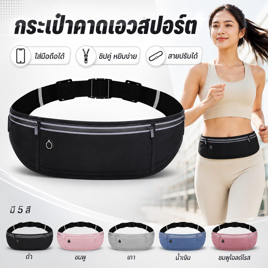 กระเป๋าคาดเอววิ่ง ออกกำลังกาย กันน้ำ เบา ใส่โทรศัพท์ได้ 6.7 นิ้ว ปรับสายได้ เหมาะวิ่ง ฟิตเนส เดินทาง