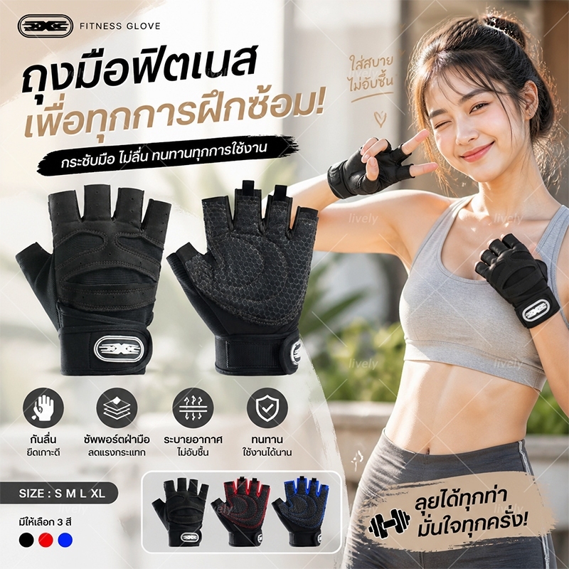 ถุงมือฟิตเนสครึ่งนิ้ว มีเจลรองฝ่ามือ กันลื่น เหมาะปั่นจักรยาน ขี่มอเตอร์ไซค์ ออกกำลังกายยกน้ำหนัก