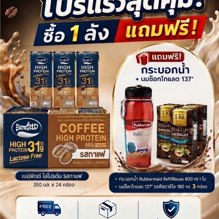 (ลัง24กล่องย)เบนิฟิตต์ Benefitt นมไฮโปรตีน 350 มล. Lactose Free ยกลังฟรี นม137ช็อคพิตาชิโอ+กระบอกน้ำ