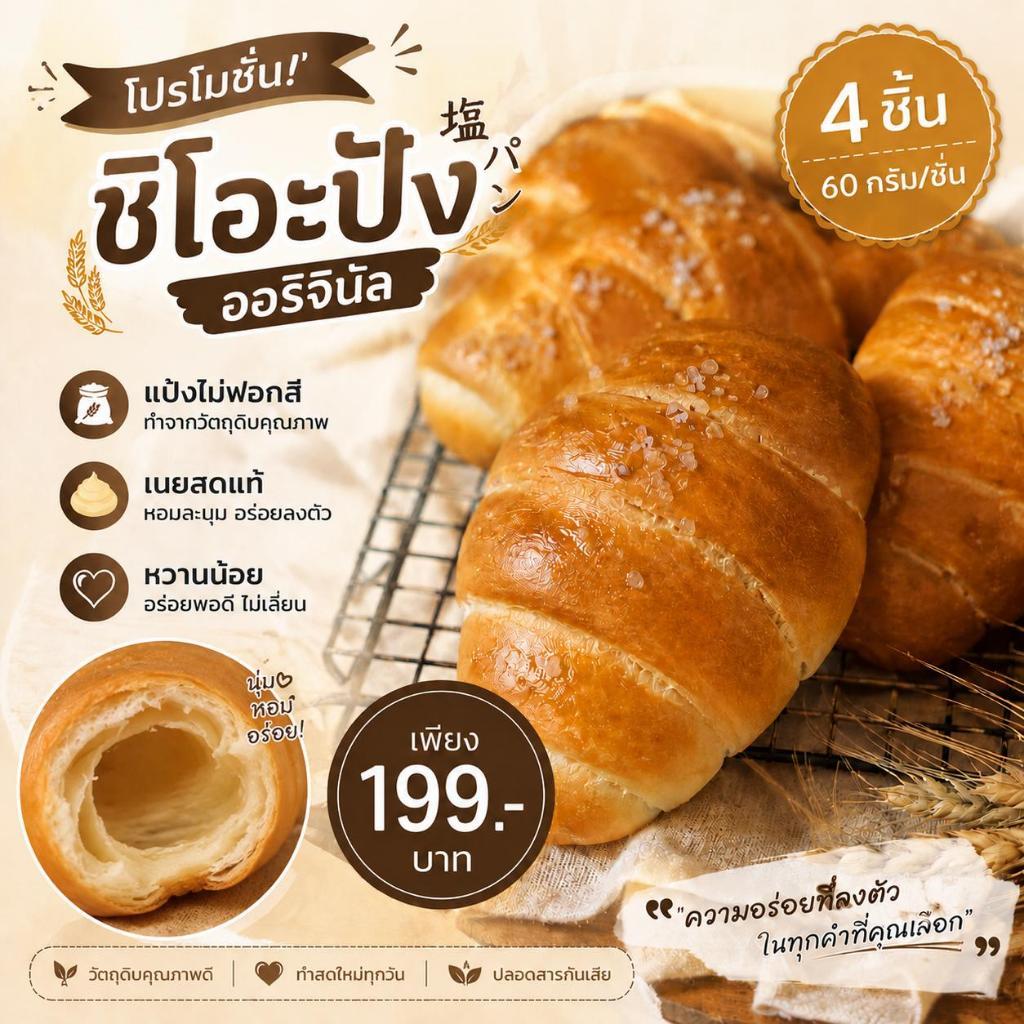 โปร4ชิ้น ชิโอะปังออริจินัล ขนมปังเกลือหิมาลัยนาราซากิ ขนาด60กรัม แป้งไม่ฟอกสี เนยสด หวานน้อย เกลือหิมาลัย