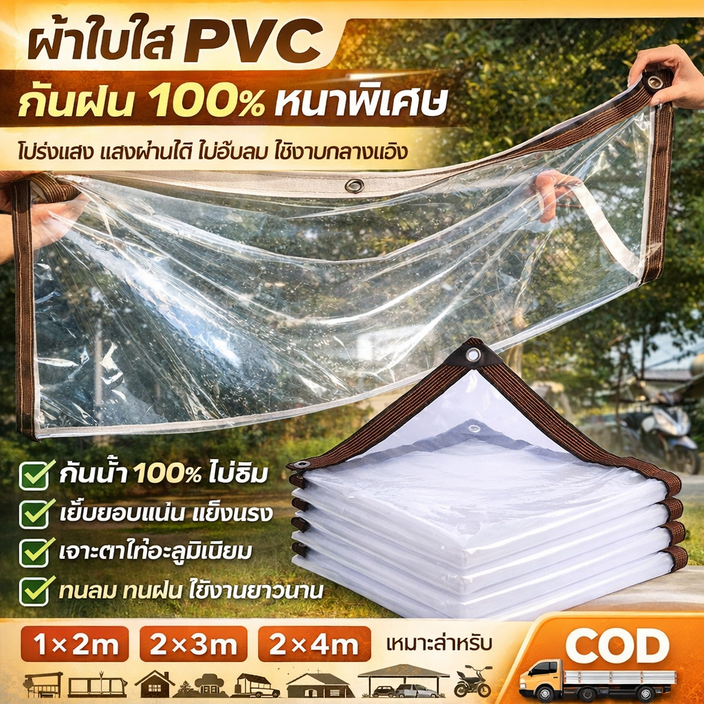 พลาสติกใส PVC กันน้ำ 100% ผ้าใบใสมีตาไก่โลหะ ขอบเย็บแน่น กันแดดกันฝน ใช้งานกลางแจ้ง ระเบียง บ้าน สวน