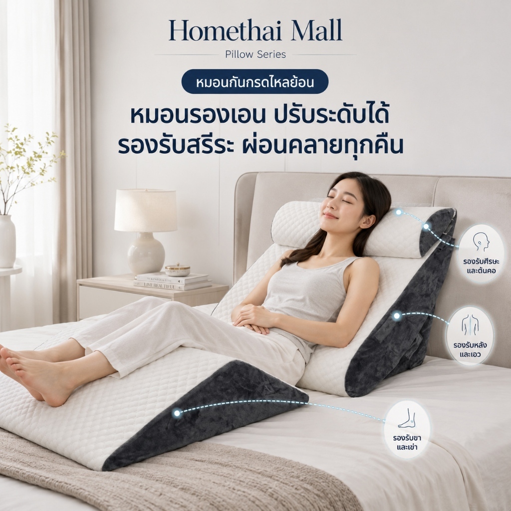 HT หมอนกันกรดไหลย้อน หมอนดูซีรีส์ ปรับองศาเอนนอนได้ นอนหลับสบาย ในเซ็ตมี 4 ชิ้น รับประกัน 1 ปี