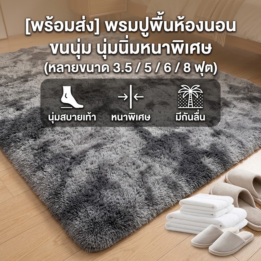 [พร้อมส่ง] พรมปูพื้นห้องนอน ขนนุ่ม นุ่มนิ่มหนาพิเศษ มีกันลื่น หลายขนาด (3.5 / 5 / 6 / 8 ฟุต)