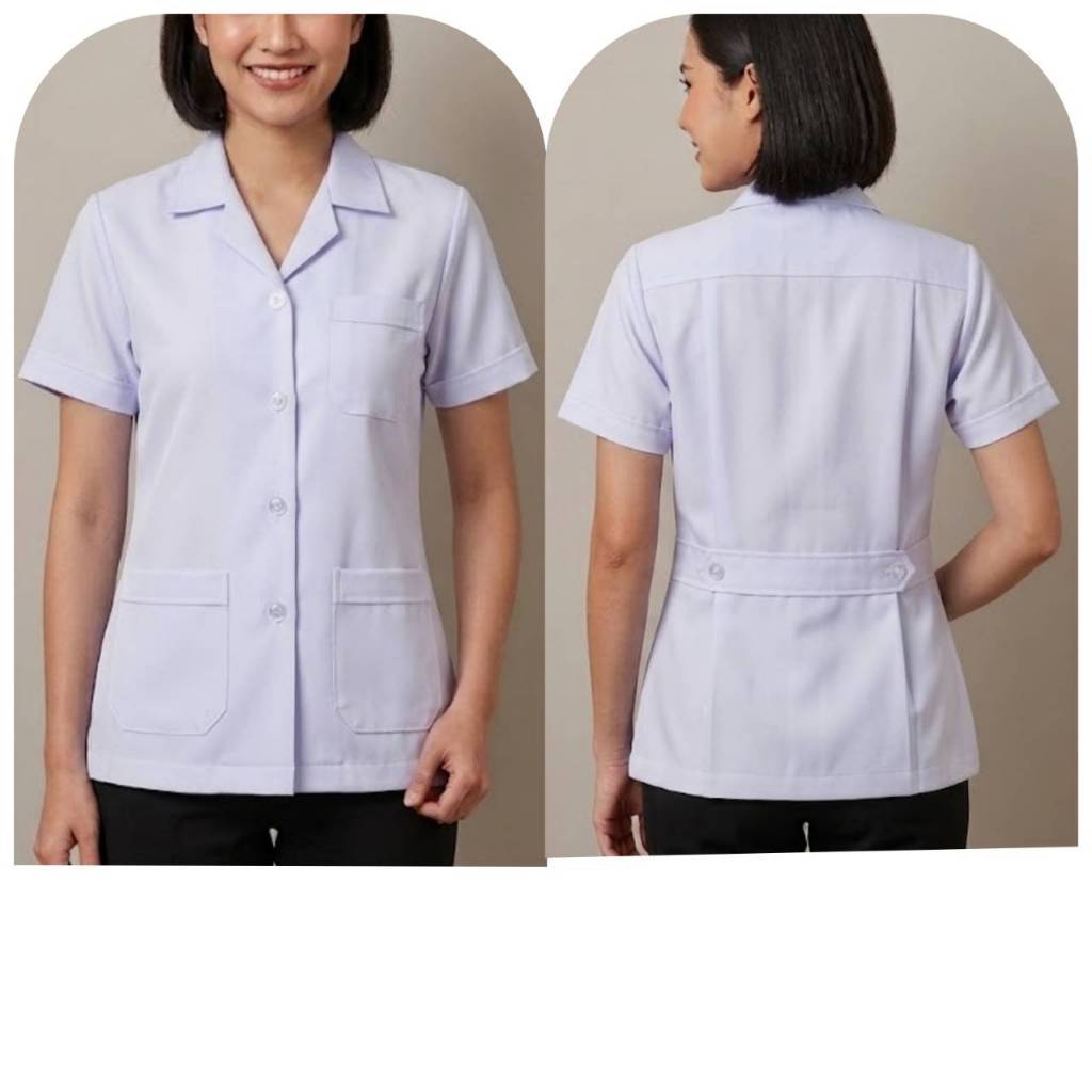 เสื้อกาวน์สั้น แขนสั้น ผ้าโทเรบางสีขาวโอโม่ ราคาเสื้อไม่รวมตราปักค่ะ (ส่งรายละเอียดปัก ชื่อ/สี/ด้าน)ทางแชทได้เลยค่ะ