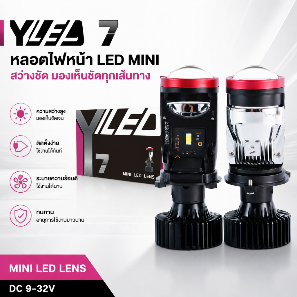 หลอดไฟหน้า LED Mini Projector Y7D ขั้ว H4 พวงมาลัยขวา RHD คัทออฟ สว่างมาก รับประกัน 2 ปี ใช้ได้ทุกรุ