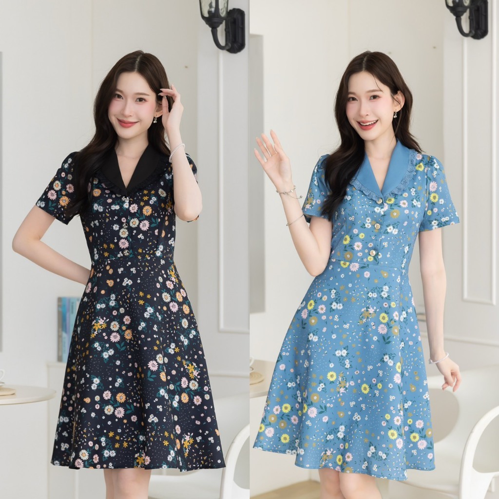 530-01-02Newคอปกขอบลูกไม้ดำและฟ้าคราม