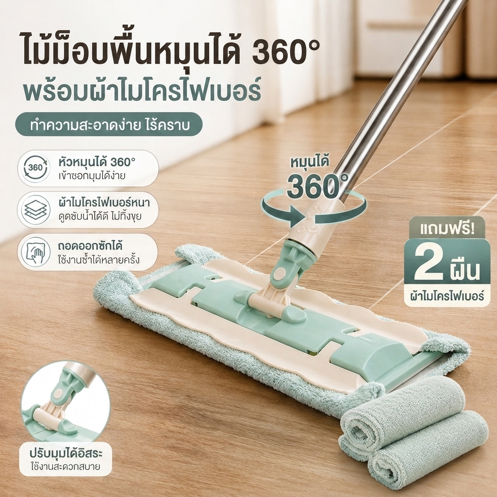 ไม้ถูพื้นอเนกประสงค์ ปรับืดได้ หมุนได้ 360 องศา แถมฟรีผ้า แบบหมุนสำหรับคนขี้เกียจถูพื้นผ้าไม่ต้องซักใช้ได้สองแบบ