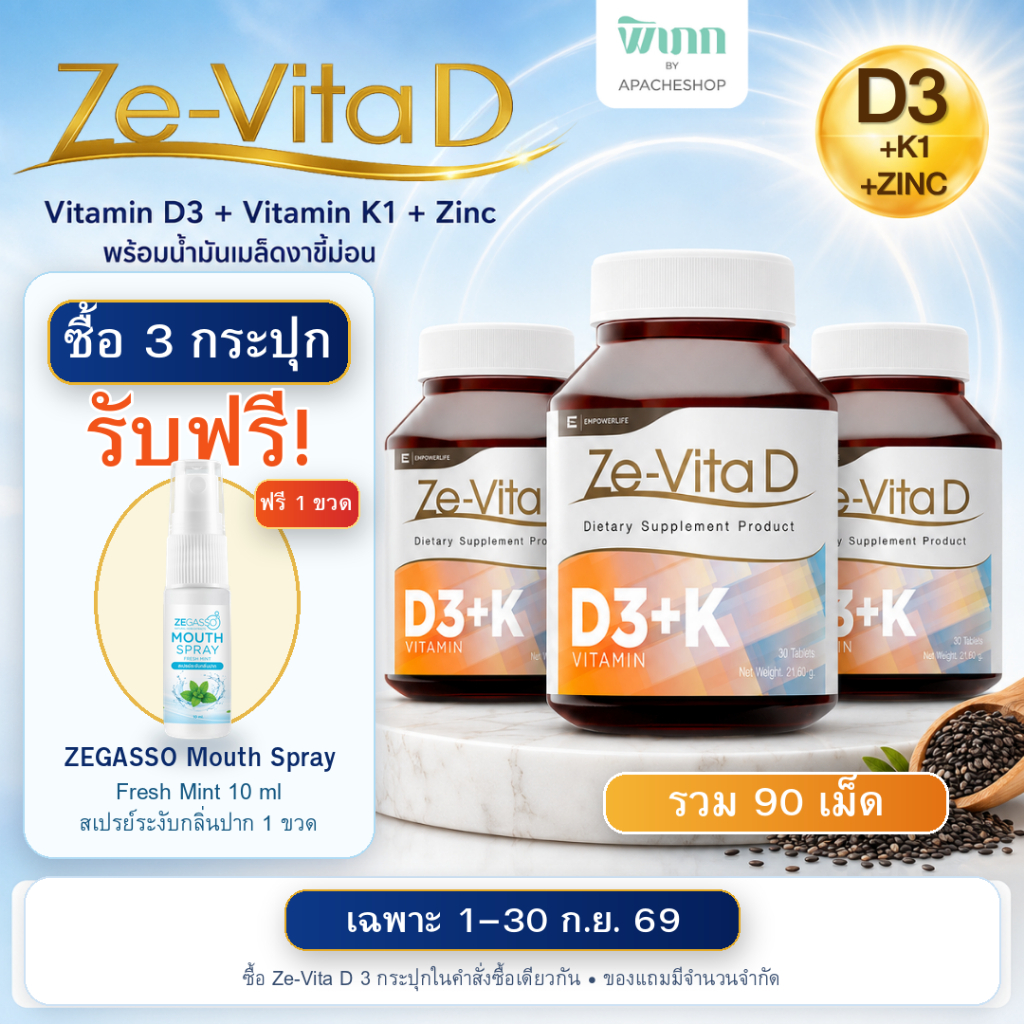 [ ซื้อ 3 แถม 1 ] ZE-VITA D วิตามินดี D3 ผสม Vitamin K1 และ Zinc ซิงค์ น้ำมันเมล็ดงาขี้ม้อน  ผลิตภัณฑ