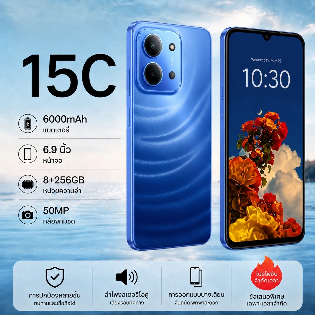 มือถือ 15C RAM 8GB ROM 256GB แถมฟรีเคส+ฟิล์มกันรอย สั่งซื้อรับประกันเพิ่มอีก 12 เดือน