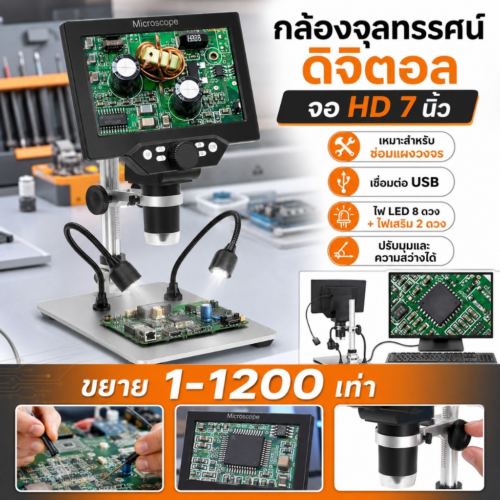 กล้องจุลทรรศน์ดิจิทัล 7 นิ้ว ซูม 1200X 12MP HD กล้องจุลทรรศน์อิเล็กทรอนิกส์ แว่นขยาย สําหรับบัดกรี วิดีโอสําหรับ ต้นไม