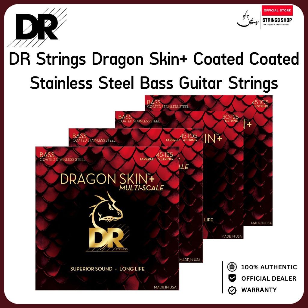 DR Strings Dragon Skin+ Coated Stainless Steel Bass Guitar Strings สายเบสไฟฟ้าเคลือบ Dragon Skin+ สำหรับ Rock Metal