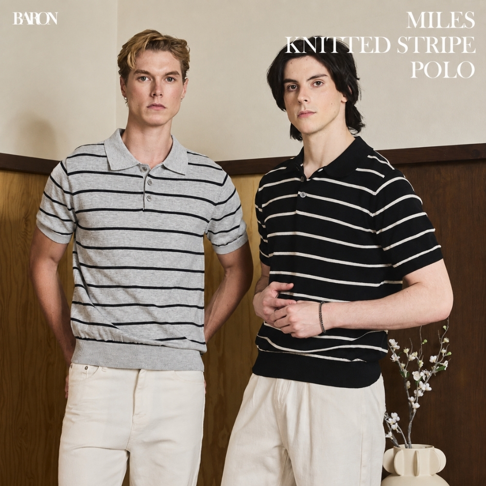 BARON “MILES” Knitted Stripe Polo เสื้อโปโลผ้าถักแขนสั้นลายริ้วแนวนอนแบบมินิมอล