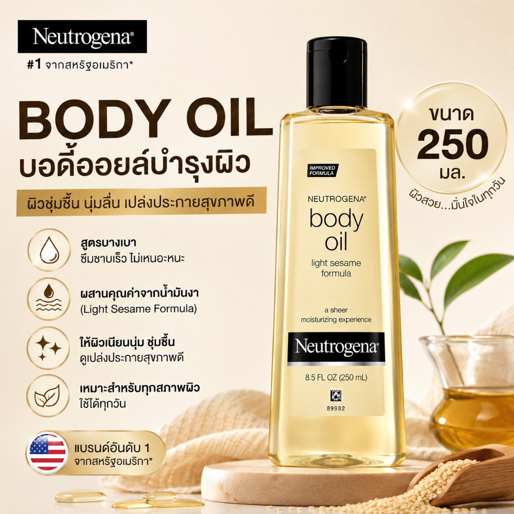 พร้อมส่ง+COD Neutrogena Body Oil น้ำมันทาผิว บอดี้ออยล์ น้ำมันงา Light Sesame Formula 250ml บำรุงผิวกาย