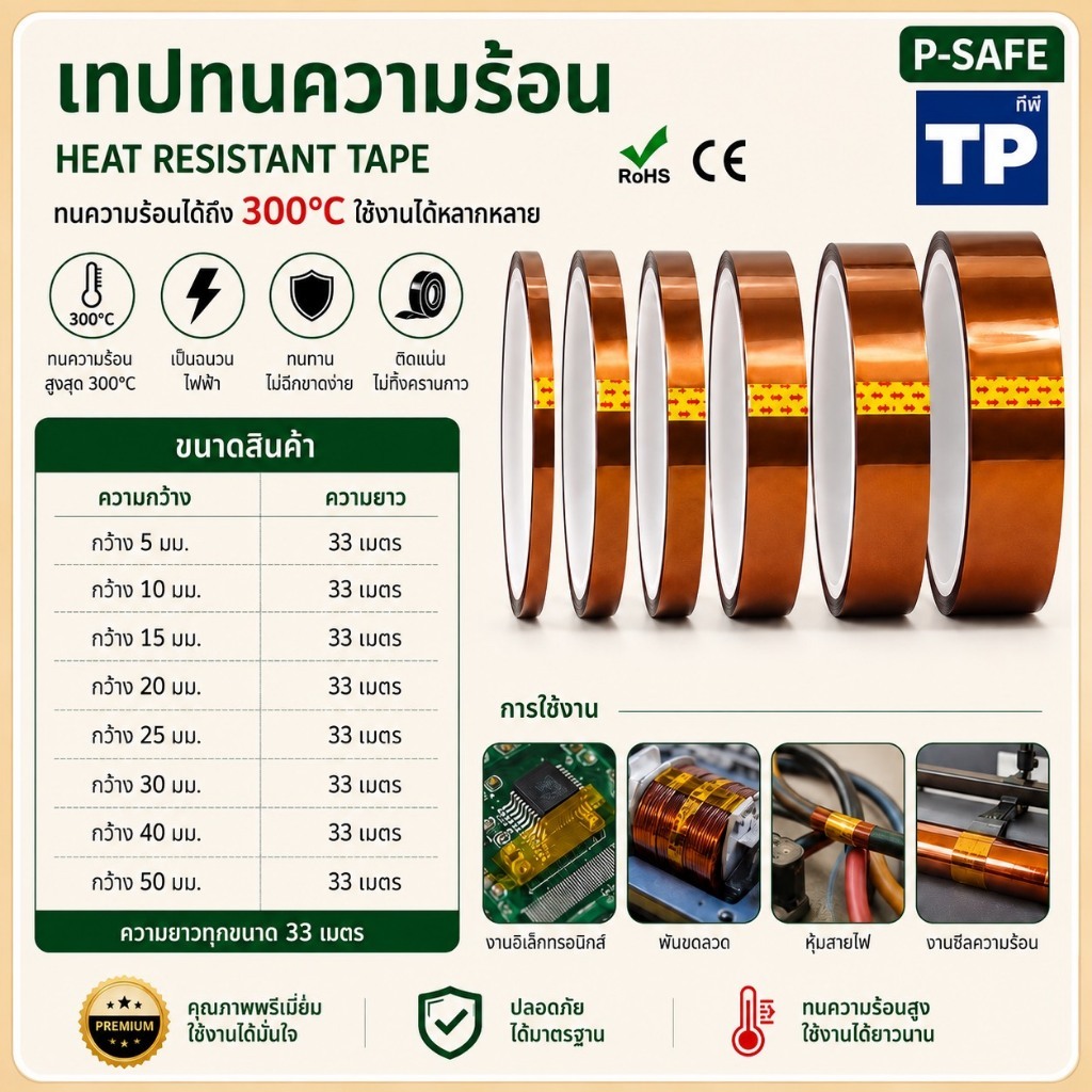 เทปฉนวนทนความร้อน Polyimide Tape Kapton Tapes 3 mm.,5 mm.,10 mm.,15 mm.,20 mm.,25 mm.,30 mm.,40 mm.,50 mm.,ยาว 33 m.