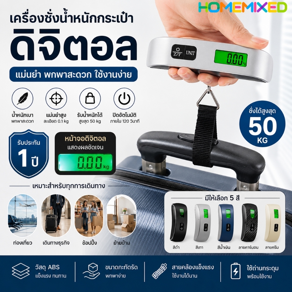 เครื่องชั่งดิจิตอลพกพา 50 กก. จอ LCD สีเขียว ใช้งานสะดวกทุกที่