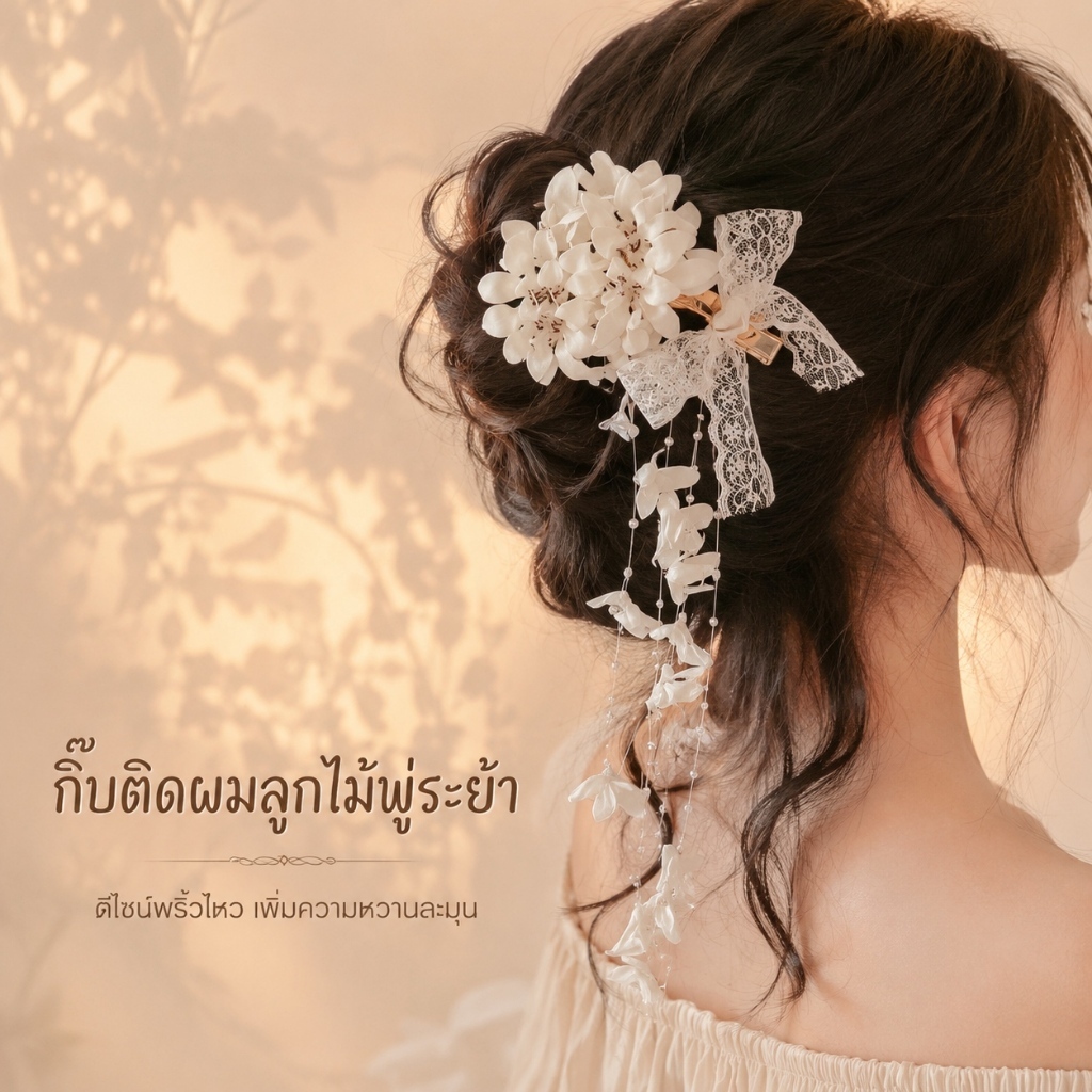 กิ๊บติดผมลูกไม้พู่ระย้า ดอกไม้สีขาว เจ้าสาว งานแต่ง ชุดไทย เพื่อนเจ้าสาว คลิปปากเป็ดโลหะ ไข่มุก หรู ประดับผมออกงาน