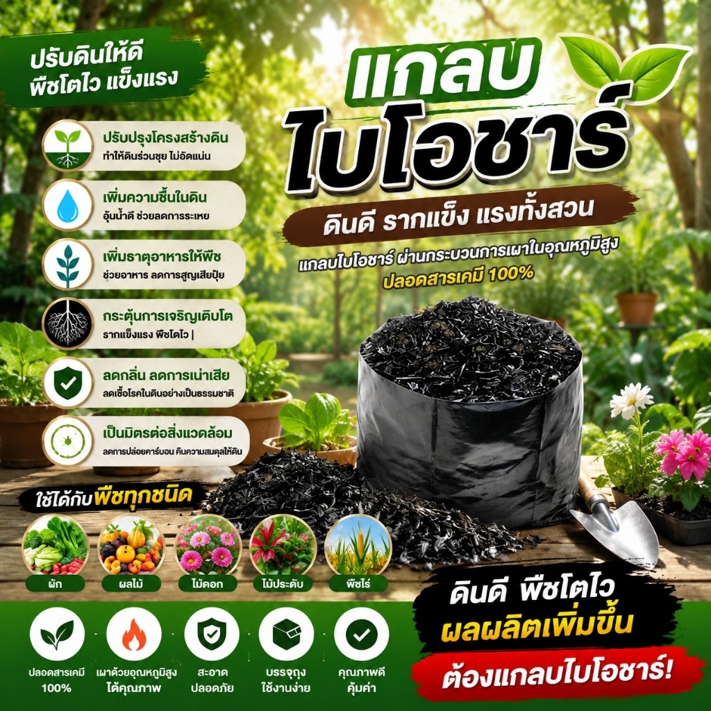 แกลบ ไบโอชาร์(Rice Husk Biochar)แกลบดำ แกลบเผา ถ่านแกลบ เม็ดสวย น้ำหนักเบา โปร่ง ไม่ผสมขี้เถ้า | เก็บกักความชื้น แร