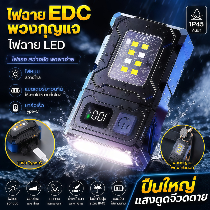 ไฟฉาย EDC พวงกุญแจ ไฟฉาย LED ชาร์จ Type-C แสงสว่างจัด กันน้ำ IP45 มีจอแสดงแบตเตอรี่ พกพาสะดวก