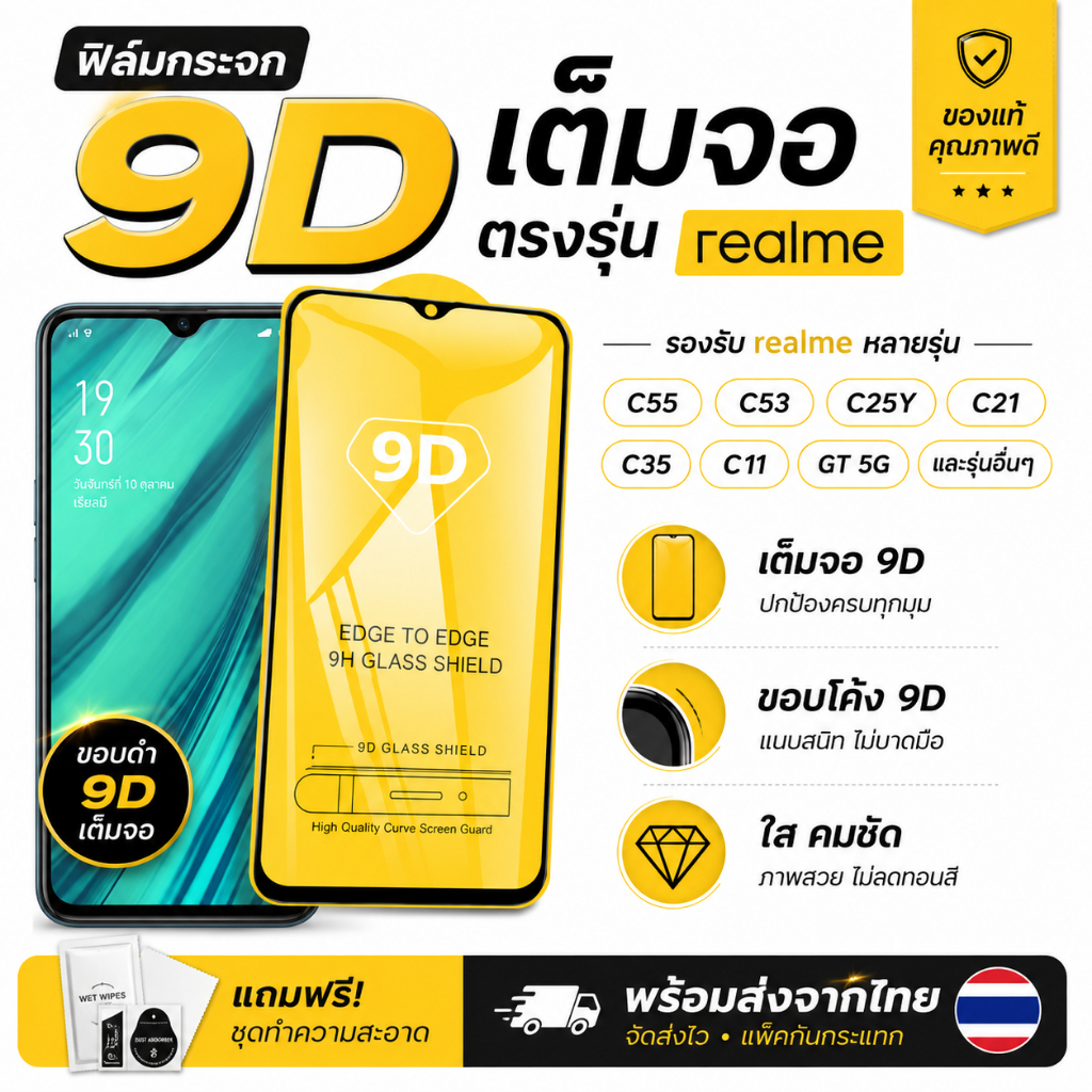 ฟิล์มกระจก เต็มจอ 9D Realme C30 C30s C25 C25s C25y C21 C21y C20 C11 C11 2021 C17 C15 C12 C3 C35 C71