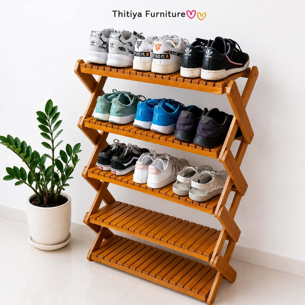 ชั้นวางรองเท้าพับเก็บได้ ไม้สักแท้ 5ชั้นยืด มีให้เลือก2สี ชั้นวางของอเนกประสงค์