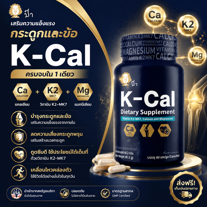 [ส่งไว] วิตามิน K2-MK7 พร้อมแคลเซียมและแมกนีเซียม อาหารเสริมดูแลกระดูก ทานง่าย K-Cal 60 แคปซูล