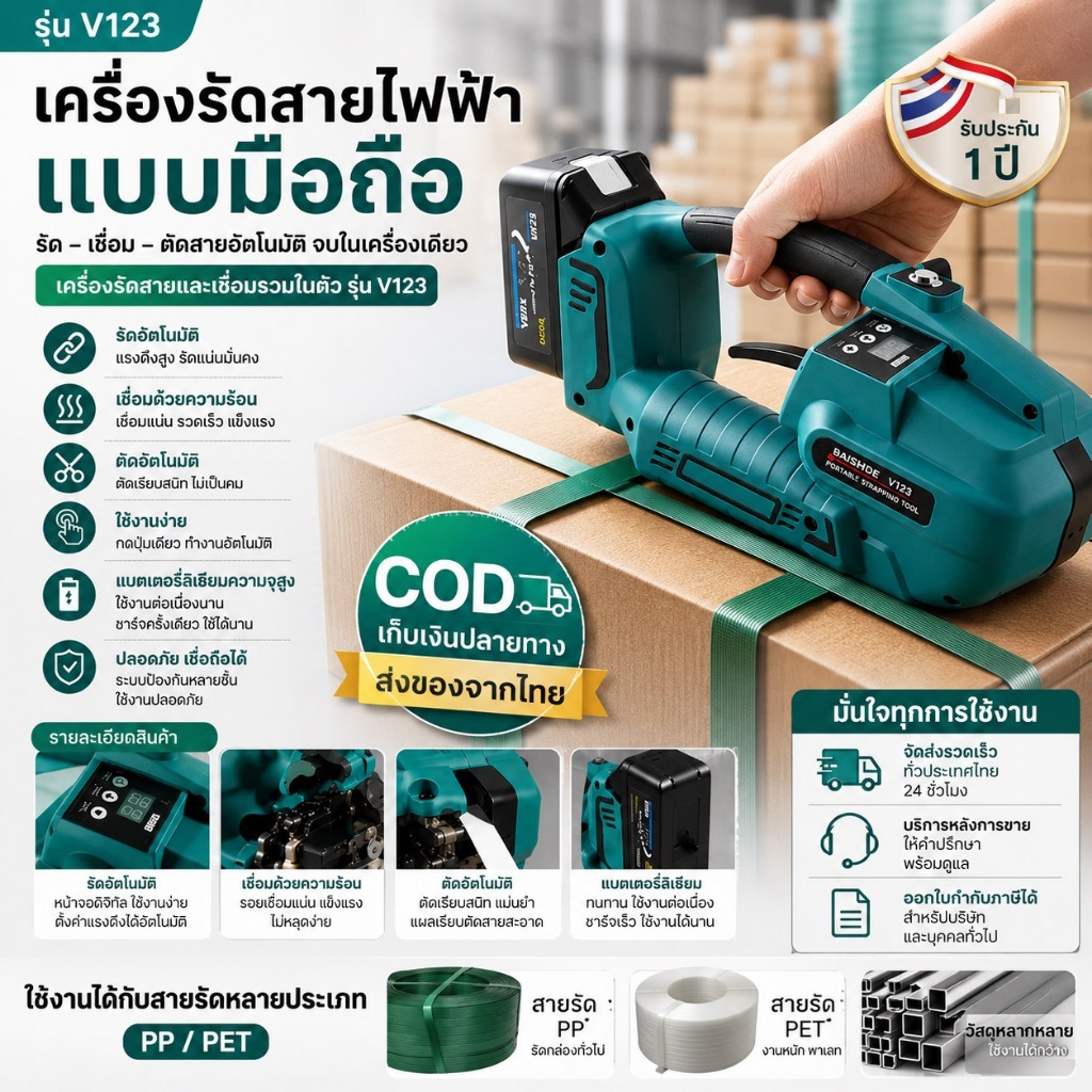 📦 ของต้องมีในคลัง! V2 เครื่องรัดกล่องไฟฟ้า พกพาสะดวก ใช้กับสายรัด PP และ PET ได้ ปรับได้ 12-16mm. หนา 0.4-1.2mm. เพิ่มคว