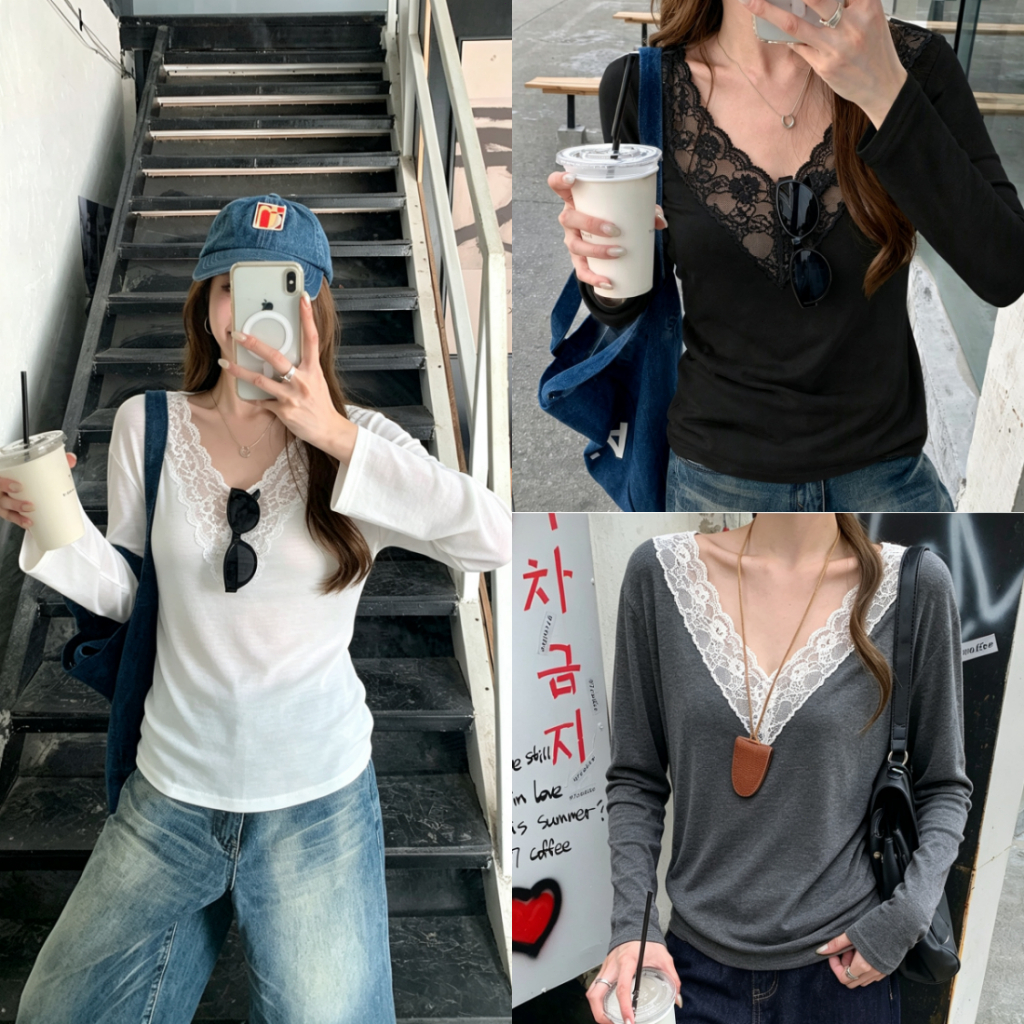 Beryl พร้อมส่ง เสื้อแขนยาวปลายบานคอวีลูกไม้ ผ้าสบายต่อผิว เรียบง่าย สำหรับนักเรียนและชีวิตประจำวัน