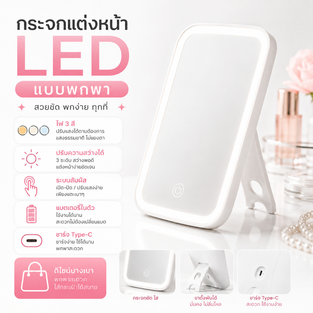 กระจกแต่งหน้าไฟ LED สำหรับการแต่งหน้าในทุกสถานการณ์ พกพาไปได้ทุกที่ น้ำหนักเบา หยิบใช้งานสะดวก ราคาประหยัด