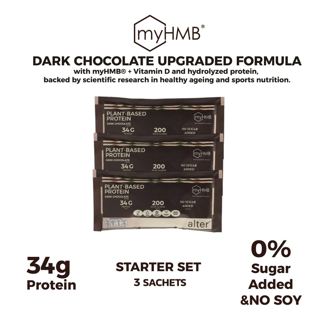 "UPGRADE NO SOY” Alter Plant-Based Protein Dark Chocolate with myHMB รสช็อกโกแลต ดาร์กช็อกโกแลต ขนาด100g 3ซอง: โปรตีนพืช