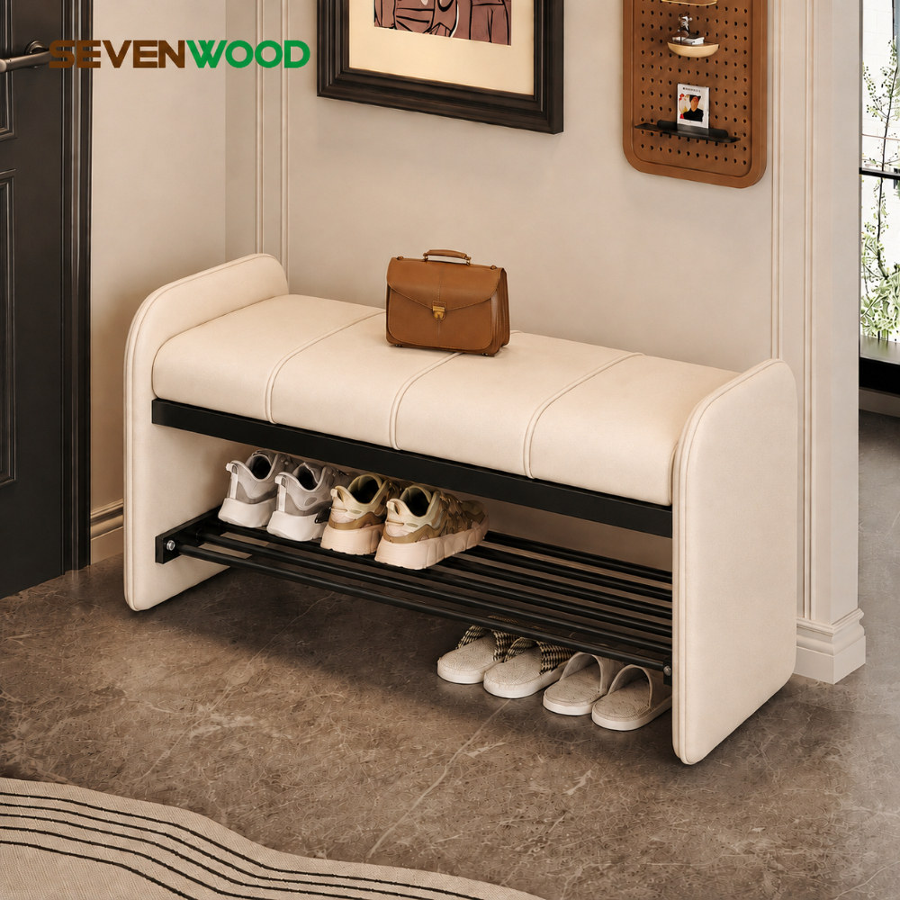 SEVENWOOD ชั้นวางรองเท้า ชั้นรองเท้าพร้อมเบาะนั่ง 2 ชั้น โครงเหล็กแข็งแรง นั่งเปลี่ยนรองเท้าสบาย สำหรับหน้าประตู