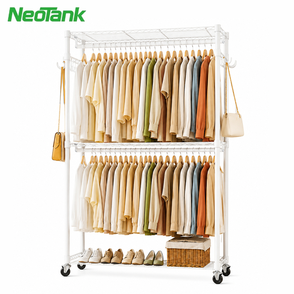 NeoTank โครงตู้เสื้อผ้าพร้อมล้อ 360° ปรับความสูงได้ 3 ชั้น 2 แท่ง 2 ข้างตะขอ ขนาด 90x45x180 ซม