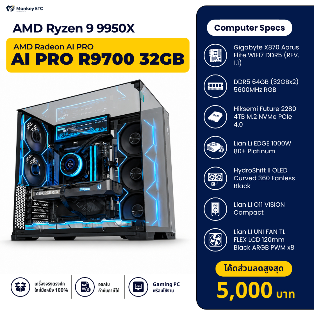 คอมประกอบ AI/Workstation AMD Ryzen 9 9950X + AMD Radeon AI PRO R9700 32GB RAM 64GB SSD 4TB | Monkey 