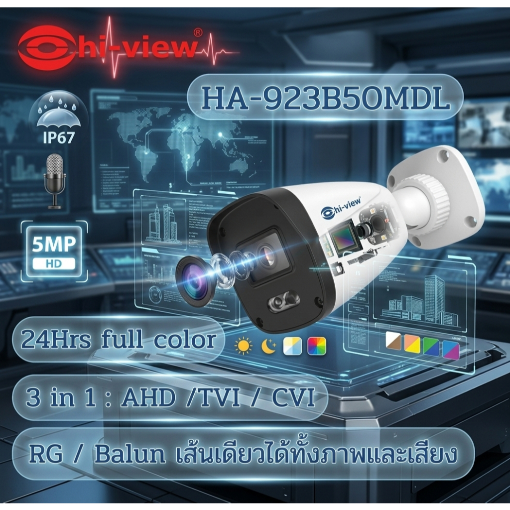 HA-923B50MDL กล้องวงจรปิดไฮวิว 5 ล้านพิกเซล บันทึกภาพสี 24 ชั่วโมง มีไมค์ในตัว